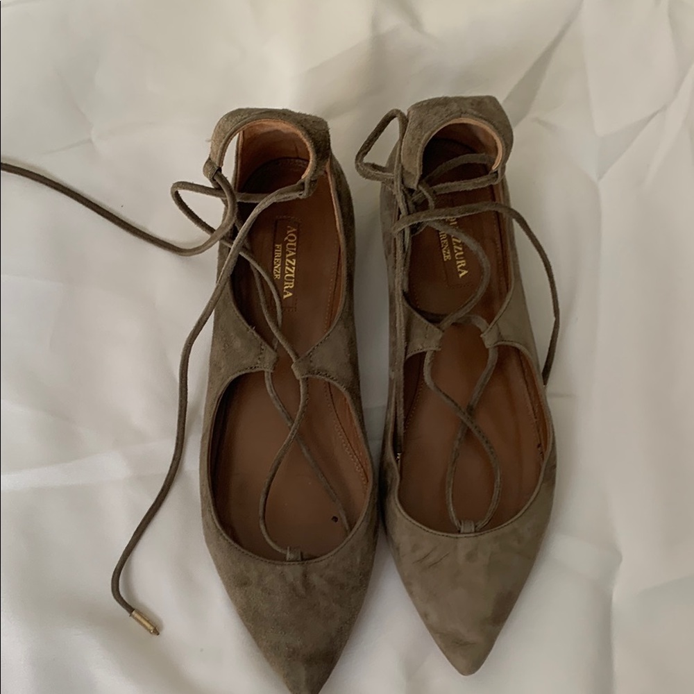 Aquazzura Taupe Suede Lace-Up Pointed-Toe Flats